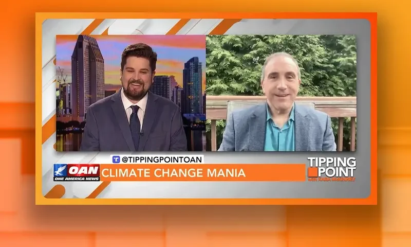 Video still from Tipping Point on One America News Network showing a split screen of the host on the left side, and on the right side is the guest, Marc Morano.