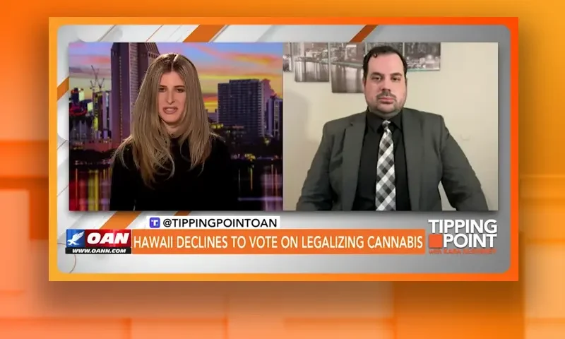 Video still from Tipping Point on One America News Network showing a split screen of the host on the left side, and on the right side is the guest, Christopher Tremoglie.