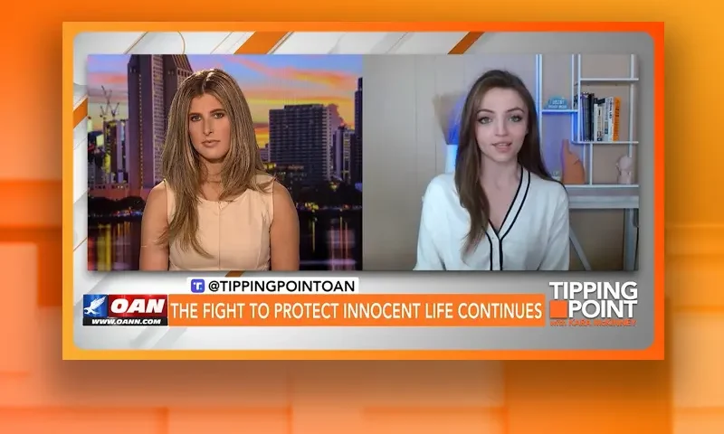 Video still from Tipping Point on One America News Network showing a split screen of the host on the left side, and on the right side is the guest, Brianna Lyman.