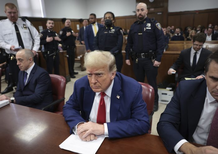 Former President Donald Trump attends his trial at the Manhattan Criminal court, Monday, May 6, 2024, in New York. (Win McNamee/Pool Photo via AP)
