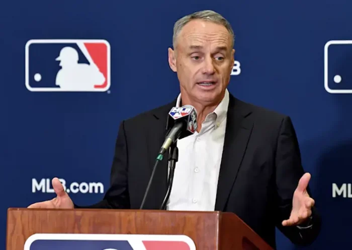 Baseball commissioner Robert D. Manfred, Jr. answers questions from the media during spring training media day at the Glendale Civic Center. Mandatory Credit: Jayne Kamin-Oncea-USA TODAY Sports/ File Photo