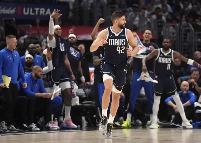 Dallas Mavericks forward Maxi Kleber (42) celebrates against the LA Clippers in the first half during game five of the first round for the 2024 NBA playoffs at Crypto.com Arena. Mandatory Credit: Kirby Lee-USA TODAY Sports