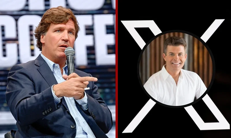 (L) HOLLYWOOD, FLORIDA - APRIL 02: Tucker Carlson speaks during the 10X Growth Conference 2024 at The Diplomat Beach Resort on April 02, 2024 in Hollywood, Florida. (Photo by Ivan Apfel/Getty Images) / (R) LONDON, ENGLAND - JULY 24: A photo illustration of the new Twitter logo on July 24, 2023 in London, England. Elon Musk has revealed today a new logo for Twitter, which constitutes the letter 'X' as part of a rebrand of the company. (Photo Illustration by Dan Kitwood/Getty Images) / Dan Ball X profile picture.