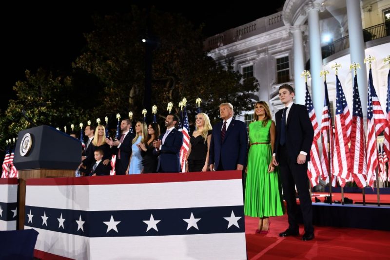 (From R) Barron Trump, First Lady Melania Trump, US President Donald Trump, Tiffany Trump, Donald Trump Jr., Kimberly Guilfoyle, Lara Trump, Eric Trump, Ivanka Trump and Jared Kushner stand after the president delivered his acceptance speech for the Republican Party nomination for reelection during the final day of the Republican National Convention at the South Lawn of the White House in Washington, DC on August 27, 2020. (Photo by Brendan Smialowski / AFP) (Photo by BRENDAN SMIALOWSKI/AFP via Getty Images)
