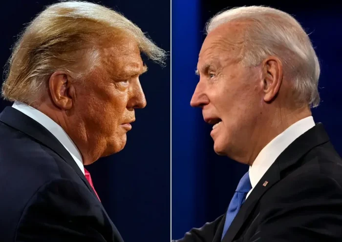(COMBO) This combination of pictures created on October 22, 2020 shows US President Donald Trump (L) and Democratic Presidential candidate and former US Vice President Joe Biden during the final presidential debate at Belmont University in Nashville, Tennessee, on October 22, 2020. (Photos by Morry GASH and JIM WATSON / AFP) (Photo by MORRY GASH,JIM WATSON/AFP via Getty Images)