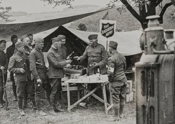 Soldiers (Doughboys)from the American Expeditionary Forces of the United States Armed Forces lining up for food and drink at a Salvation Army tent behind the front lines of the Western Front in north east of France circa mid 1918. (Photo by FPG/Archive Photos/Getty Images)