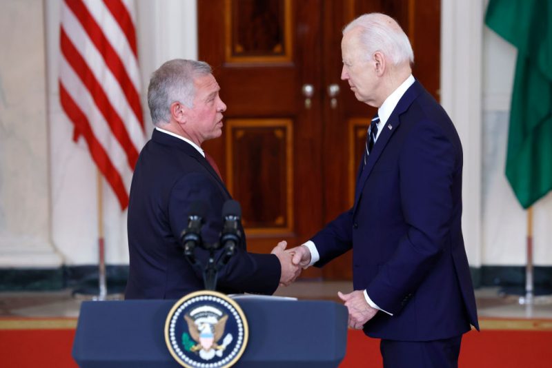 WASHINGTON, DC - FEBRUARY 12: U.S. President Joe Biden shakes hands with King of Jordan Abdullah II ibn Al Hussein after giving remarks White House on February 12, 2024 in Washington, DC. The King of Jordan is visiting the Nation's capital as part of his yearly visit amidst ongoing hostage negotiations between Hamas and Israel and after a strike killed three U.S. soldiers at a military base in northeast Jordan. (Photo by Anna Moneymaker/Getty Images)