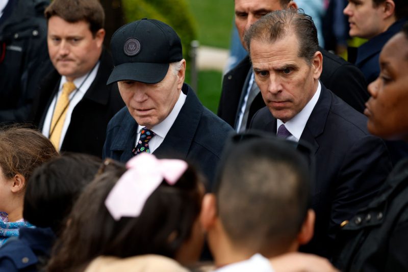 WASHINGTON, DC - APRIL 01: U.S. President Joe Biden and his son Hunter Biden talk with guests during the White House Easter Egg Roll on the South Lawn on April 01, 2024 in Washington, DC. The White House said they are expecting thousands of children and adults to participate in the annual tradition of rolling colored eggs down the White House lawn, a tradition started by President Rutherford B. Hayes in 1878. (Photo by Chip Somodevilla/Getty Images)