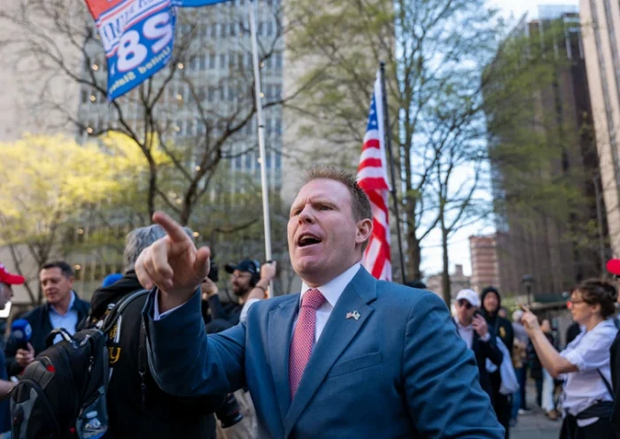 NEW YORK, NEW YORK - APRIL 15: Andrew Giuliani gathers with other Trump supporters outside of the Manhattan Criminal Courthouse for the start of first-ever criminal trial against a former president of the United States on April 15, 2024 in New York City. Former President Donald Trump faces 34 felony counts of falsifying business records in the first of his criminal cases to go to trial. (Photo by Spencer Platt/Getty Images)
