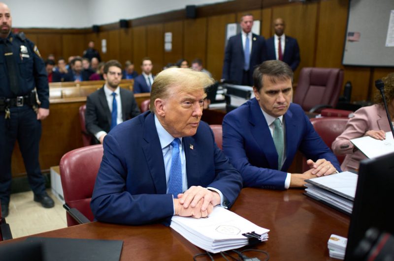 NEW YORK, NEW YORK - APRIL 26: Former U.S. President Donald Trump (L) appears in court with his attorney Todd Blanche during his trial for allegedly covering up hush money payments at Manhattan Criminal Court on April 26, 2024 in New York City. Former U.S. President Donald Trump faces 34 felony counts of falsifying business records in the first of his criminal cases to go to trial. (Photo by Curtis Means-Pool/Getty Images)