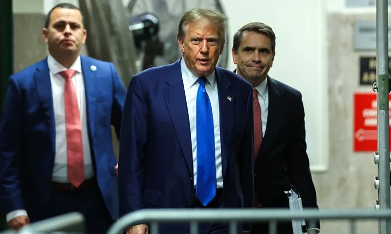 NEW YORK, NEW YORK - MAY 3: Former U.S. President Donald Trump returns to the courtroom following a break in his trial for allegedly covering up hush money payments at Manhattan Criminal Court on May 3, 2024 in New York City. Trump was charged with 34 counts of falsifying business records last year, which prosecutors say was an effort to hide a potential sex scandal, both before and after the 2016 presidential election. Trump is the first former U.S. president to face trial on criminal charges. (Photo by Charly Triballeau-Pool/Getty Images)