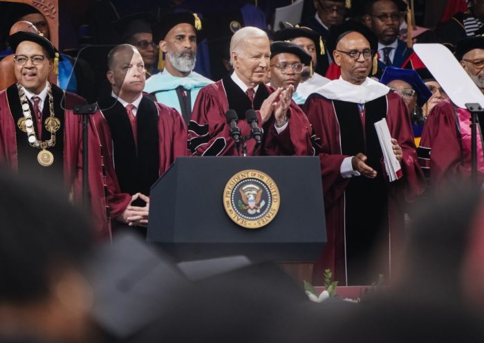 ATLANTA, GEORGIA - MAY 19: U.S. President Joe Biden claps during the Morehouse College Commencement on May 19, 2024 in Atlanta, Georgia. President Biden is appearing at the school during a time when pro-Palestinian demonstrations are still occurring on campuses across the country to protest Israel's war in Gaza. (Photo by Elijah Nouvelage/Getty Images)