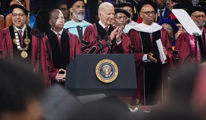 ATLANTA, GEORGIA - MAY 19: U.S. President Joe Biden claps during the Morehouse College Commencement on May 19, 2024 in Atlanta, Georgia. President Biden is appearing at the school during a time when pro-Palestinian demonstrations are still occurring on campuses across the country to protest Israel's war in Gaza. (Photo by Elijah Nouvelage/Getty Images)