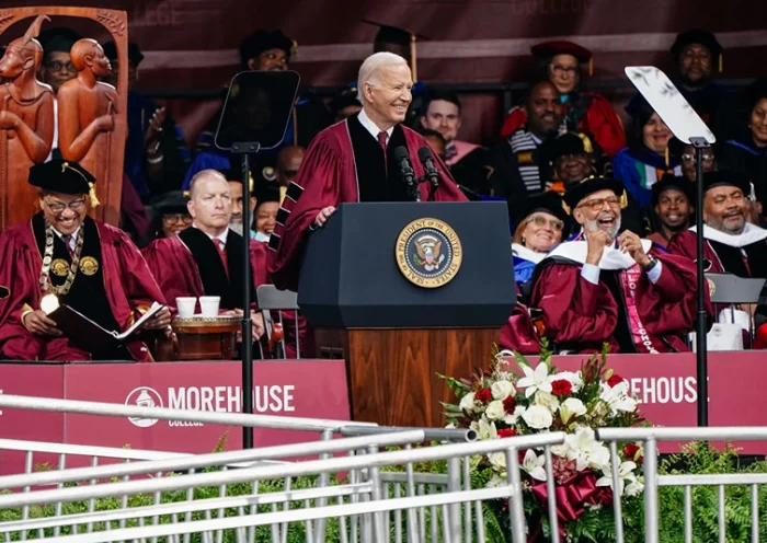 ATLANTA, GEORGIA - MAY 19: U.S. President Joe Biden speaks at the Morehouse College Commencement on May 19, 2024 in Atlanta, Georgia. President Biden is appearing at the school during a time when pro-Palestinian demonstrations are still occurring on campuses across the country to protest Israel's war in Gaza. (Photo by Elijah Nouvelage/Getty Images)