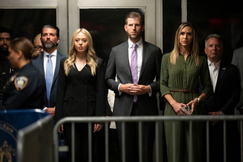 NEW YORK, NEW YORK - MAY 28: Donald Trump Jr., Tiffany Trump, Eric Trump and Lara Trump look on as former US President Donald Trump speaks to the media as he arrives for his criminal trial at Manhattan Criminal Court on May 28, 2024 in New York City. Closing arguments are set to begin in former U.S. President Trump's hush money trial. The former president faces 34 felony counts of falsifying business records in the first of his criminal cases to go to trial. (Photo by Steven Hirsch - Pool/Getty Images)