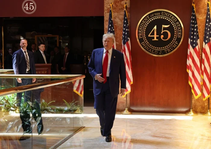 NEW YORK, NEW YORK - MAY 31: Former U.S. President Donald Trump enters a news conference at Trump Tower following the verdict in his hush-money trial at Trump Tower on May 31, 2024 in New York City. A New York jury found Trump guilty Thursday of all 34 charges of covering up a $130,000 hush money payment to adult film star Stormy Daniels to keep her story of their alleged affair from being published during the 2016 presidential election. Trump is the first former U.S. president to be convicted of crimes.