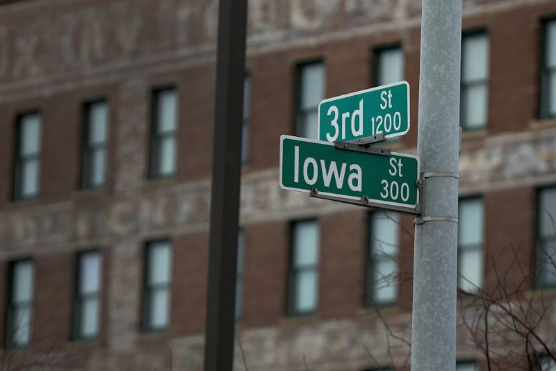SIOUX CITY, IA - JANUARY 29: A street sign on the corner of iowa and 3rd in Sioux City on January 30, 2016 in Sioux City, Iowa. Candidates who are seeking the nominations from the Republican and Democratic Party are touring the state campaigning for votes before the Iowa caucus that takes place on February 1. (Photo by Christopher Furlong/Getty Images)