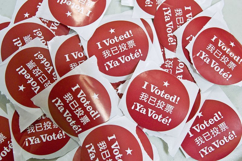 SAN FRANCISCO - FEBRUARY 5:   Stickers that say "I Voted" in English, Spanish and Chinese are seen at a polling place February 5, 2008 in San Francisco, California. Voters in 24 states head to the polls today in the U.S. presidential election's biggest primary day, Super Tuesday.  (Photo by David Paul Morris/Getty Images)