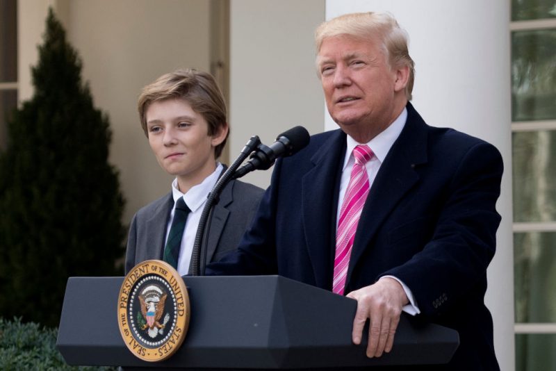 Barron Trump (L) smiles as his father US President Donald Trump speaks during the pardoning the Thanksgiving turkey Drumstick in the Rose Garden of the White House in Washington, DC, on November 21, 2017. (Photo by JIM WATSON / AFP) (Photo by JIM WATSON/AFP via Getty Images)