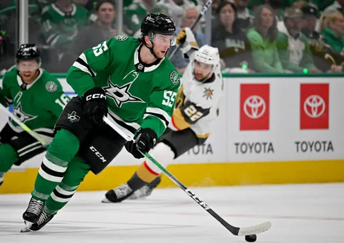 Dallas Stars defenseman Thomas Harley (55) skates against the Vegas Golden Knights during the first period in game seven of the first round of the 2024 Stanley Cup Playoffs at American Airlines Center. Mandatory Credit: Jerome Miron-USA TODAY Sports