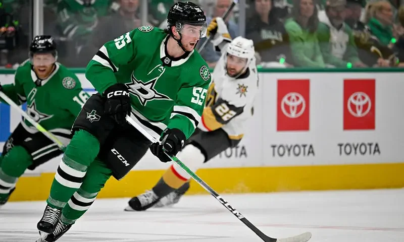 Dallas Stars defenseman Thomas Harley (55) skates against the Vegas Golden Knights during the first period in game seven of the first round of the 2024 Stanley Cup Playoffs at American Airlines Center. Mandatory Credit: Jerome Miron-USA TODAY Sports