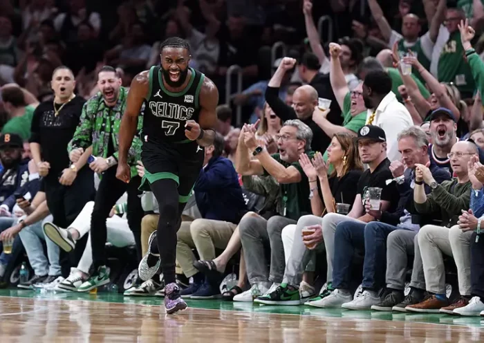 Boston Celtics guard Jaylen Brown (7) reacts after a play against the Indiana Pacers in the second half during game two of the eastern conference finals for the 2024 NBA playoffs at TD Garden. Mandatory Credit: David Butler II-USA TODAY Sports