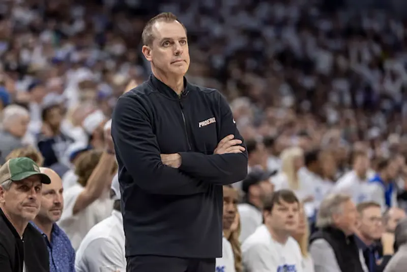 Phoenix Suns head coach Frank Vogel looks on against the Minnesota Timberwolves in the first half during game one of the first round for the 2024 NBA playoffs at Target Center. Mandatory Credit: Jesse Johnson-USA TODAY Sports/File Photo