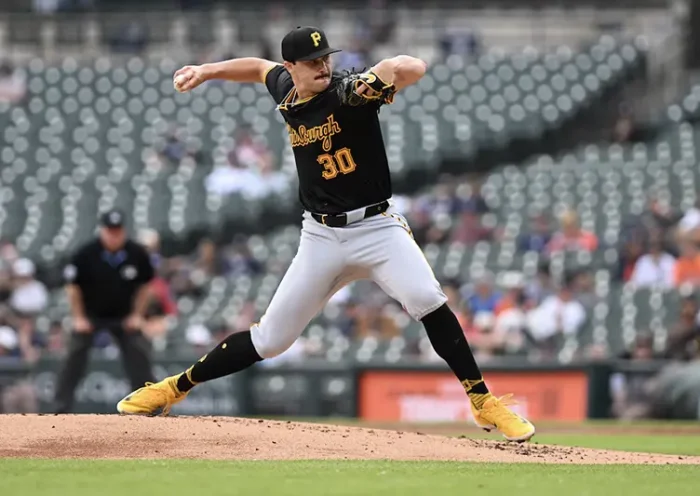 Pittsburgh Pirates pitcher Paul Skenes (30) throws a pitch against the Detroit Tigers in the first inning at Comerica Park. Mandatory Credit: Lon Horwedel-USA TODAY Sports