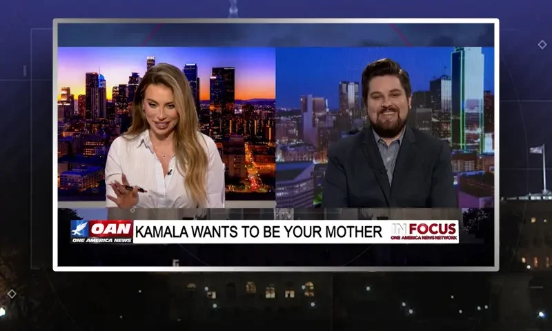 Video still from In Focus on One America News Network showing a split screen of the host on the left side, and on the right side is the guest, Riley Lewis.