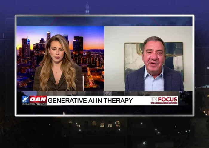 Video still from In Focus on One America News Network showing a split screen of the host on the left side, and on the right side is the guest, Henry Cloud.