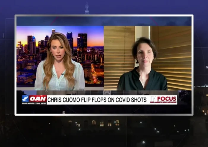 Video still from In Focus on One America News Network showing a split screen of the host on the left side, and on the right side is the guest, Dr. Kat Lindley.