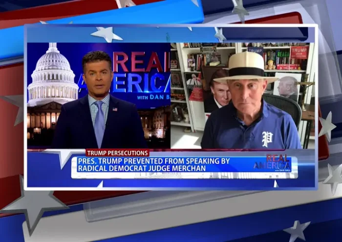 Video still from Real America on One America News Network showing a split screen of the host on the left side, and on the right side is the guest, Roger Stone.