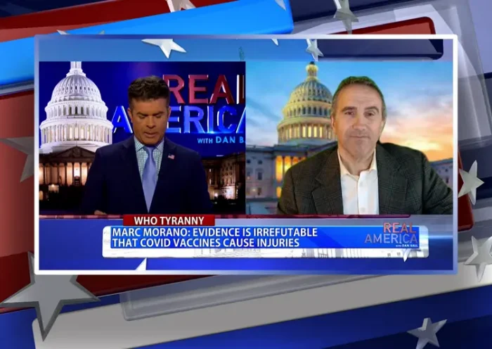 Video still from Real America on One America News Network showing a split screen of the host on the left side, and on the right side is the guest, Marc Morano.