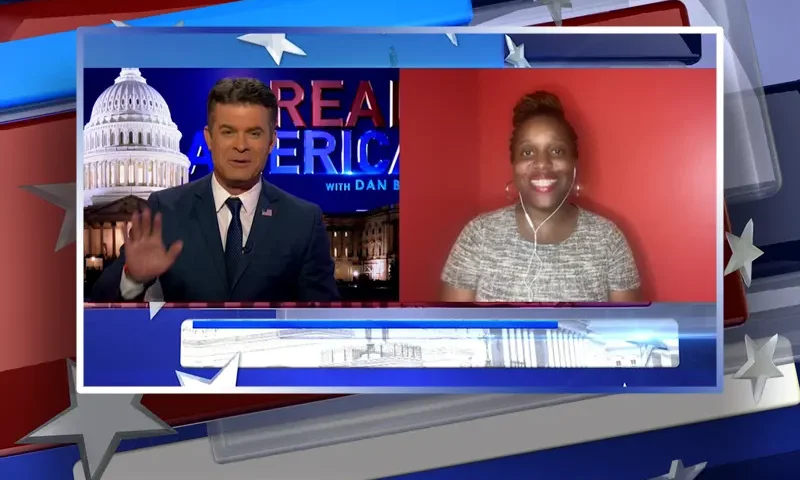 Video still from Real America on One America News Network showing a split screen of the host on the left side, and on the right side is the guest, P Rae Easley.