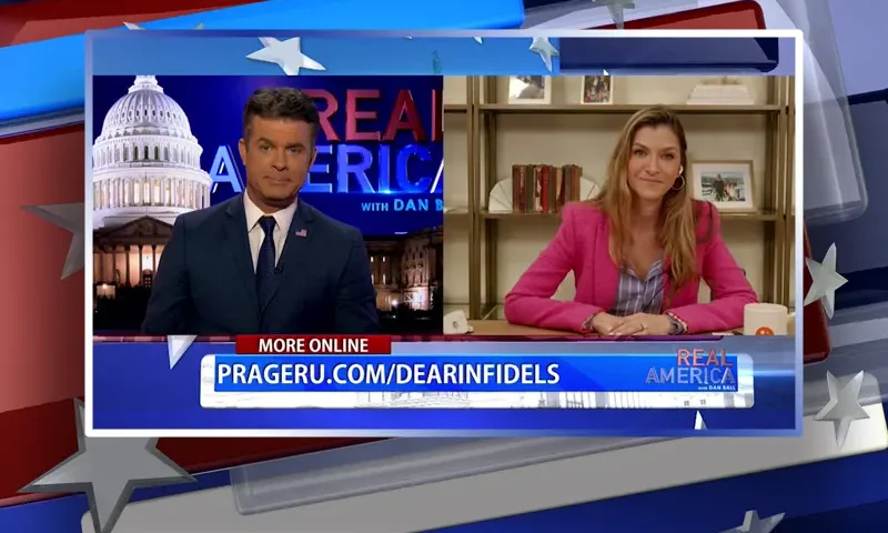 Video still from Real America on One America News Network showing a split screen of the host on the left side, and on the right side is the guest, Marissa Streit.