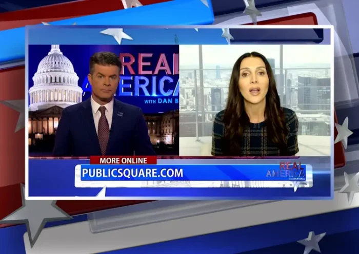 Video still from Real America on One America News Network showing a split screen of the host on the left side, and on the right side is the guest, Erin Elmore.
