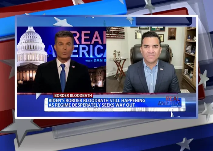 Video still from Real America on One America News Network showing a split screen of the host on the left side, and on the right side is the guest, Victor Avila.
