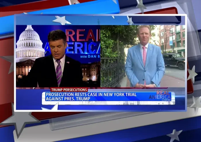 Video still from Real America on One America News Network showing a split screen of the host on the left side, and on the right side is the guest, Andrew Giuliani.