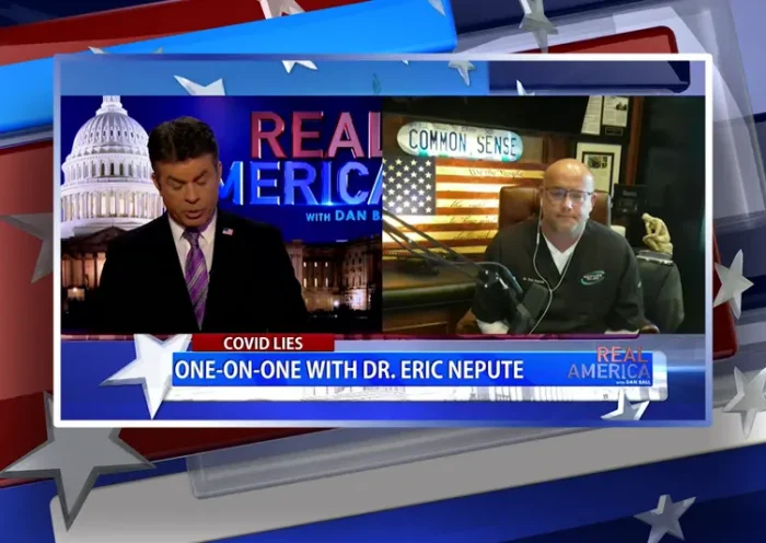 Video still from Real America on One America News Network showing a split screen of the host on the left side, and on the right side is the guest, Dr. Eric Nepute.