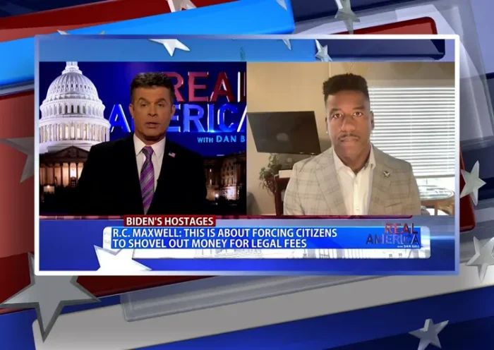 Video still from Real America on One America News Network showing a split screen of the host on the left side, and on the right side is the guest, R.C. Maxwell.