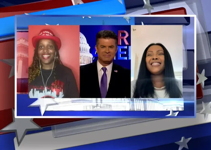 Video still from Real America on One America News Network during an interview with the guests, P Rae Easley and Lattina Brown,.