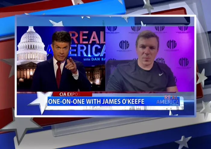 Video still from Real America on One America News Network showing a split screen of the host on the left side, and on the right side is the guest, James O'Keefe.