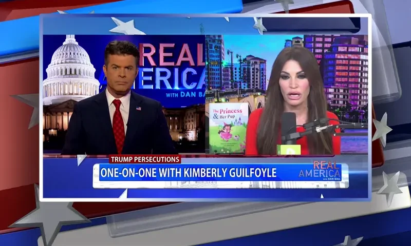Video still from Real America on One America News Network showing a split screen of the host on the left side, and on the right side is the guest, Kimberly Guilfoyle.