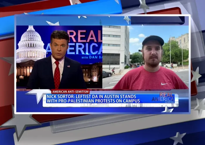 Video still from Real America on One America News Network showing a split screen of the host on the left side, and on the right side is the guest, Nick Sortor.