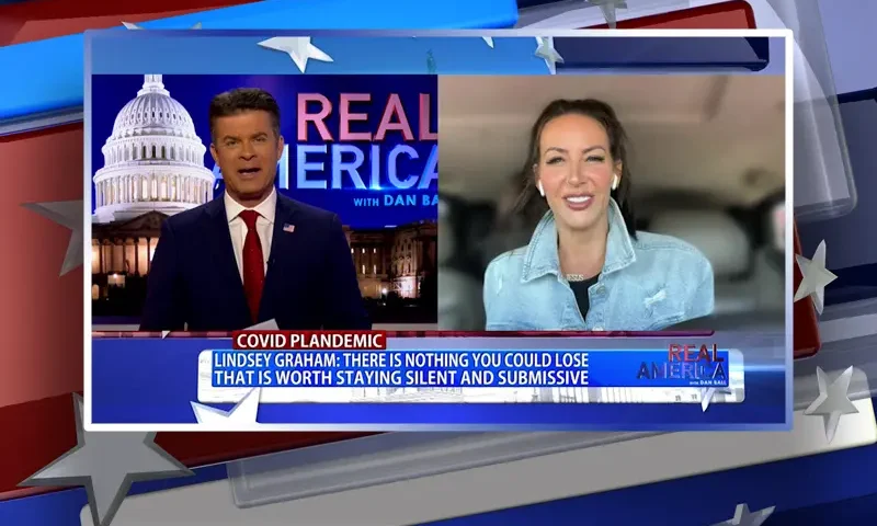 Video still from Real America on One America News Network showing a split screen of the host on the left side, and on the right side is the guest, Lindsey Graham.