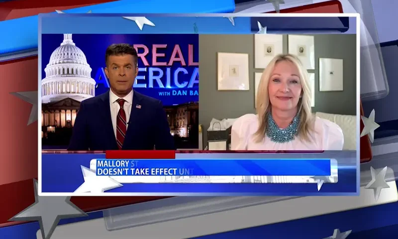 Video still from Real America on One America News Network showing a split screen of the host on the left side, and on the right side is the guest, Mallory Staples.