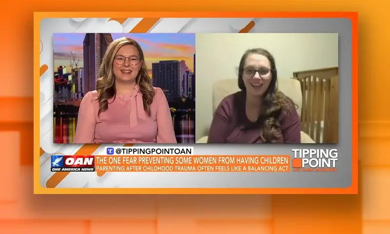 Video still from Tipping Point on One America News Network showing a split screen of the host on the left side, and on the right side is the guest, Bethany Mandel.
