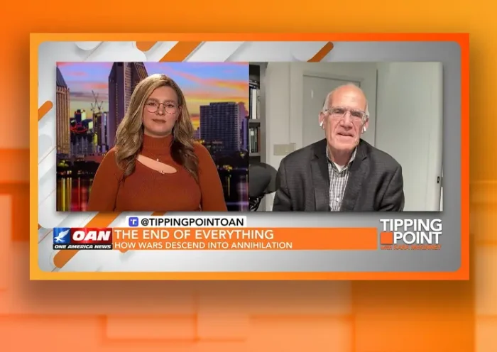 Video still from Tipping Point on One America News Network showing a split screen of the host on the left side, and on the right side is the guest, Victor Davis Hanson.