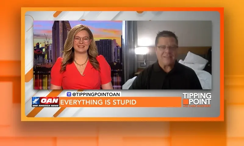 Video still from Tipping Point on One America News Network showing a split screen of the host on the left side, and on the right side is the guest, Jim Nelles.