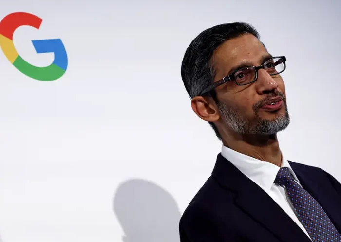 Sundar Pichai, CEO of Google and Alphabet, delivers a speech during the inauguration of a new hub in France dedicated to the artificial intelligence (AI) sector, at the Google France headquarters in Paris, France, February 15, 2024. REUTERS/Gonzalo Fuentes/File Photo